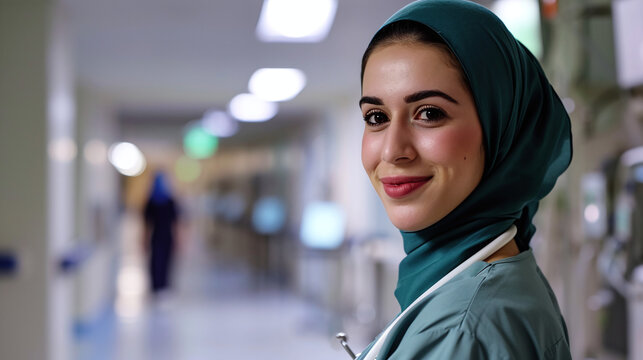 Dedicated Middle Eastern female nurse in a hospital setting looking compassionately at the camera 