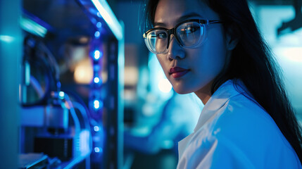 Dynamic Asian female engineer in a high-tech lab looking innovatively at the camera --ar 16-9 --s 50 --v 6.0.png