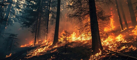 Wind blows on burning trees in a forest fire. - obrazy, fototapety, plakaty