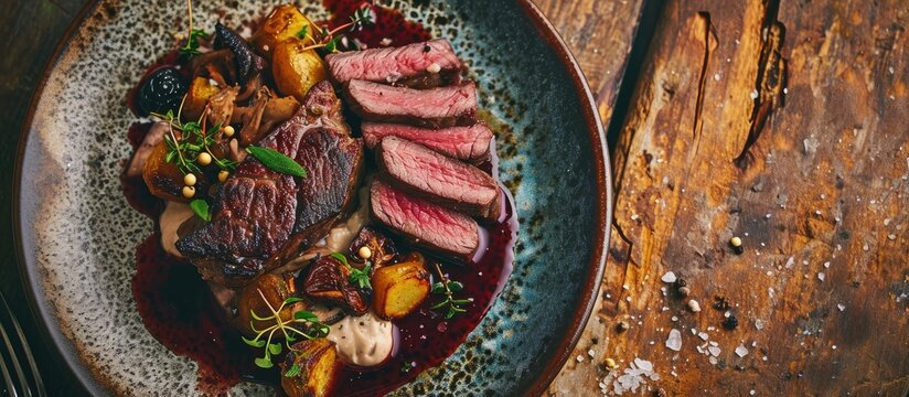 Top view of barbecue venison steak with potato mushroom terrine and cowberry sauce on a plate with room for text.