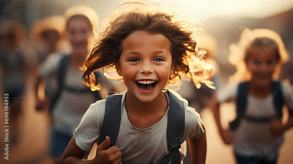 Wall mural a group of cute, funny kids run home from school