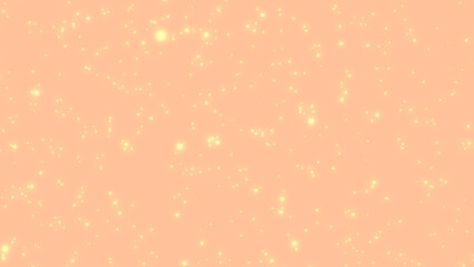 Glowing light yellow particles on peach fuzz color background 8K 16:9. Festive wallpaper, cover, card, web banner in color of the year 2024. Abstract glitter dust, shiny confetti, sparkling texture