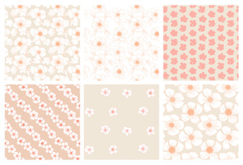 Peach fuzz pastel floral seamless pattern set with hand drawn line art flower for textile, wallpaper, scrapbook, cover in shabby chic style. Vector background