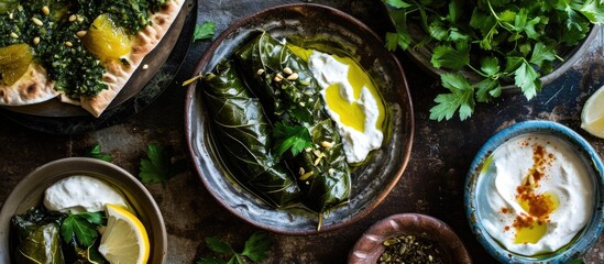 Authentic Arabic stuffed vine leaves, accompanied by yogurt salad and lemon, captured from above with a close-up shot. - obrazy, fototapety, plakaty