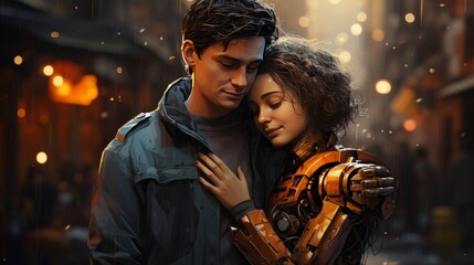 Young man hug a cyberwoman