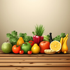 Fruits and vegetables on wooden background.