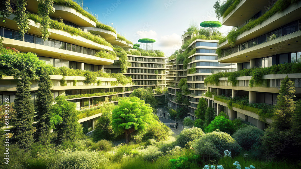Wall mural smart sustainable city architecture with buildings for carbon footprint, environment and futuristic. - Wall murals