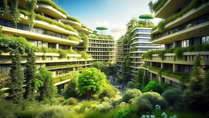 Poster Im Rahmen Smart sustainable city architecture with buildings for carbon footprint, environment and futuristic. Eco friendly town for green ecology with plants. Generative AI. © svf74
