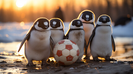 A group of penguins with a soccer ball