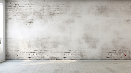 Old white brick wall background texture. Empty room with brick wall and wooden floor. Abstract texture stained stucco. White brick wall texture background. Loft style interior design with copy space. - obrazy, fototapety, plakaty