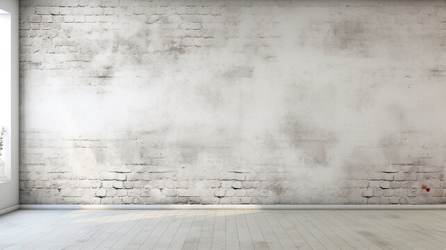 Fototapeta Old white brick wall background texture. Empty room with brick wall and wooden floor. Abstract texture stained stucco. White brick wall texture background. Loft style interior design with copy space.
