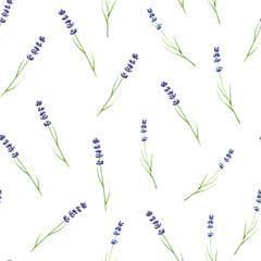 Watercolor seamless pattern with lavender illustration isolated on white background. Detail of beauty products and botany set, cosmetology and medicine. For designers, spa decoration, postcard
