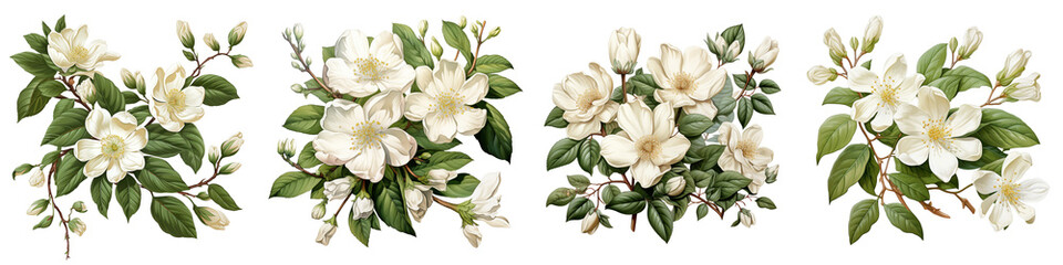 Obraz na płótnie Canvas Jasmine Philadelphus flowers and leaves Hyperrealistic Highly Detailed Isolated On Transparent Background Png File