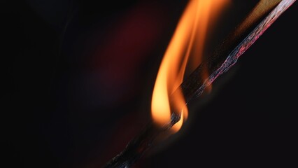 Burning match on black background of studio. The flame sizzles the wooden match and it gradually...