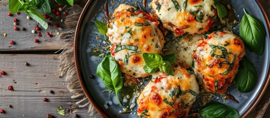 Healthy lunch option on a Keto diet: Baked chicken rolls with basil, cheese, and top view on plate.