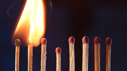 A row of matches where two burning matches pass their fire to the next. Cascade of flame, transfer of energy. Macro shot of the transition of flame from one match to another. - obrazy, fototapety, plakaty