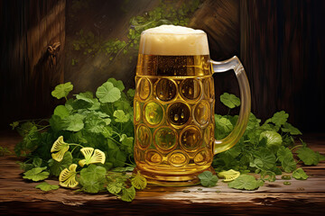 St. Patrick's Day background with mug beer and shamrock