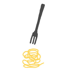 Spaghetti and fork hand drawn simple illustration. Flat vector food on the white background