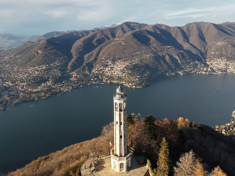 Alessandro Volta's Lighthouse, brunate, lake Como, Italy. Aerial Drone footage