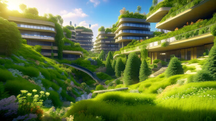 Smart sustainable city architecture with buildings for carbon footprint, environment and futuristic. Eco friendly town for green ecology with plants.
Generative AI. - obrazy, fototapety, plakaty