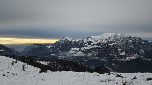 Snow capped mountains in the Alps. Piani Di Bobbio, Barzio, Lecco, Italy. Grigna Settentrionale Lake Como