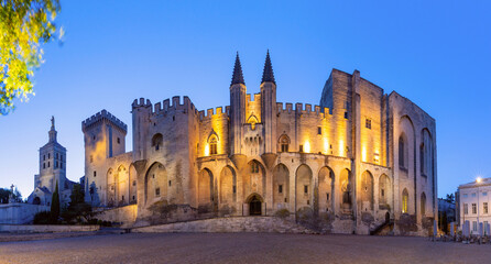 Panorama of Palace of the Popes and Avignon Cathedral during evening blue hour, Avignon, France