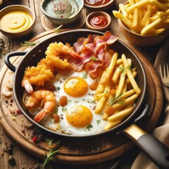 Beautiful gourmet breakfast of scrambled eggs, seafood, french fries and bacon on an iron frying pan, generated by artificial intelligence