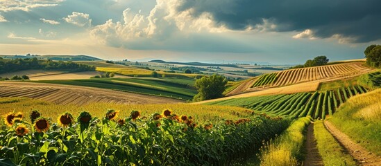 Rural landscape with crops of corn and sunflower, captured in a panoramic banner image.