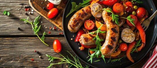 Tasty sausage and vegetable dish on wooden table - obrazy, fototapety, plakaty