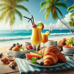 Nice breakfast fruits and sea food on ocean coast at the beach, sunny morning, food and mood