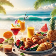 Nice breakfast fruits and sea food on ocean coast at the beach, sunny morning, food and mood