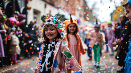 groupe d'enfant qui parade dans la rue pour Mardi-gras - obrazy, fototapety, plakaty