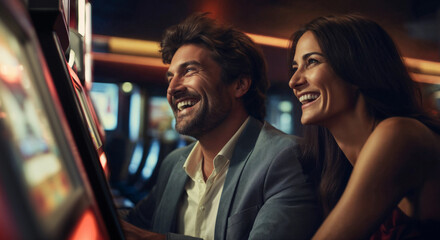 Young couple at casino playing on slot machine - obrazy, fototapety, plakaty