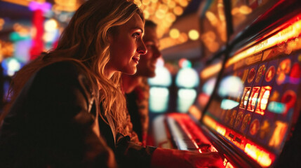Woman at casino playing on slot machine - obrazy, fototapety, plakaty