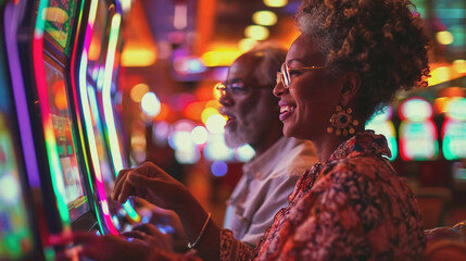 African American couple playing slot machines at a casino