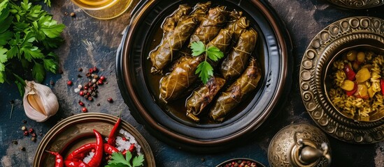 Grape leaf stuffed with meat on dark table, Middle Eastern dish, top view. - obrazy, fototapety, plakaty