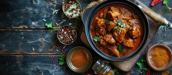 Hot and spicy Indian chicken curry with Goan and Punjabi influences, made with traditional spices and served at a Dhaba in Punjab.