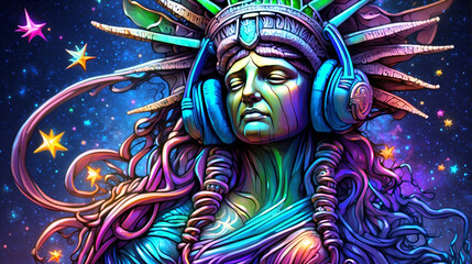 The Statue of Liberty wearing headphones and listening to music.