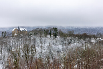 Winter landscape with a gloomy sky and an ancient castle on a hill in the middle of a forest