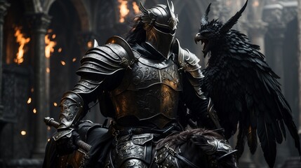Fototapeta na wymiar a knight in silver armor, riding a black Pegasus