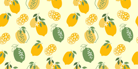 Seamless pattern with lemons. Citrus fruit with leaves and branches. Delicious abstract print for dough, kitchen, packaging. Vector graphics.