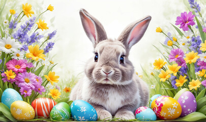cute easter bunny and many colorful eggs. Easter holiday	