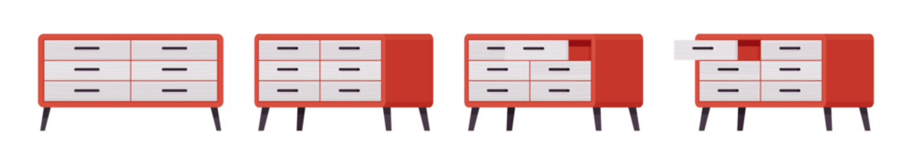 Drawer chest, dresser, nightstand storage, bedroom red set. Closet, living room, entry table item for organizing. Vector flat style cartoon home, office furniture objects isolated, white background
