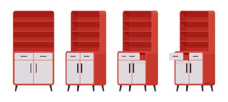 Cupboard red set, storage kitchen pantry, cabinet or buffet. Functional and attractive open shelf with drawer. Vector flat style cartoon home, office furniture objects isolated on white background