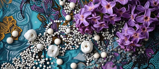 Abstract design with purple hyacinth, round white beads, and patterned fabric.