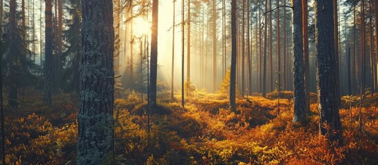 Early morning light illuminating Finnish forests in autumn.
