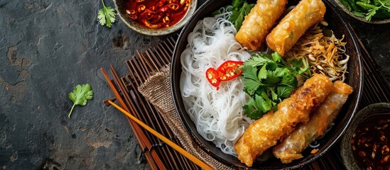 Top view of Asian food: Cold rice vermicelli with sauce, paired with fried spring rolls in a bowl. - obrazy, fototapety, plakaty