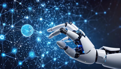 AI, Machine learning, Hands of robot and human touching big data of Global network connection, Internet and digital technology, Science and artificial