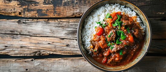 A horizontal view from above of a flavor-packed beef stew in tomato sauce, served with rice on an old wooden table, showcasing west African cuisine in a flatlay with empty space.