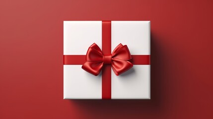 White gift box with red bow on red background. 3d rendering Generative AI